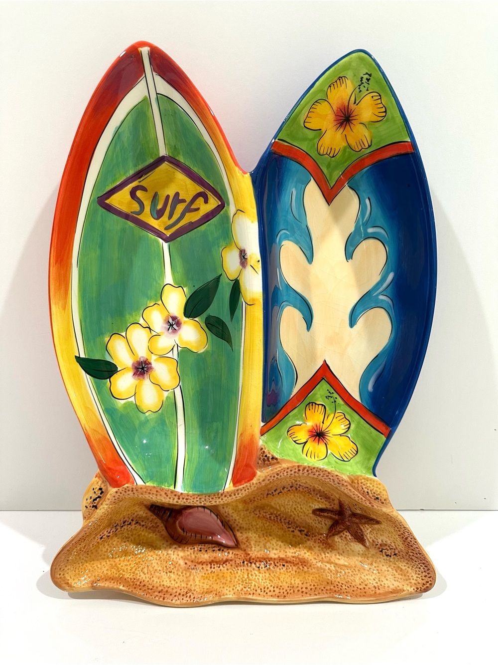 Clay Art Surfs Up Surfboard Design Chip & Dip Beach Ceramic Serving Platter Surf
